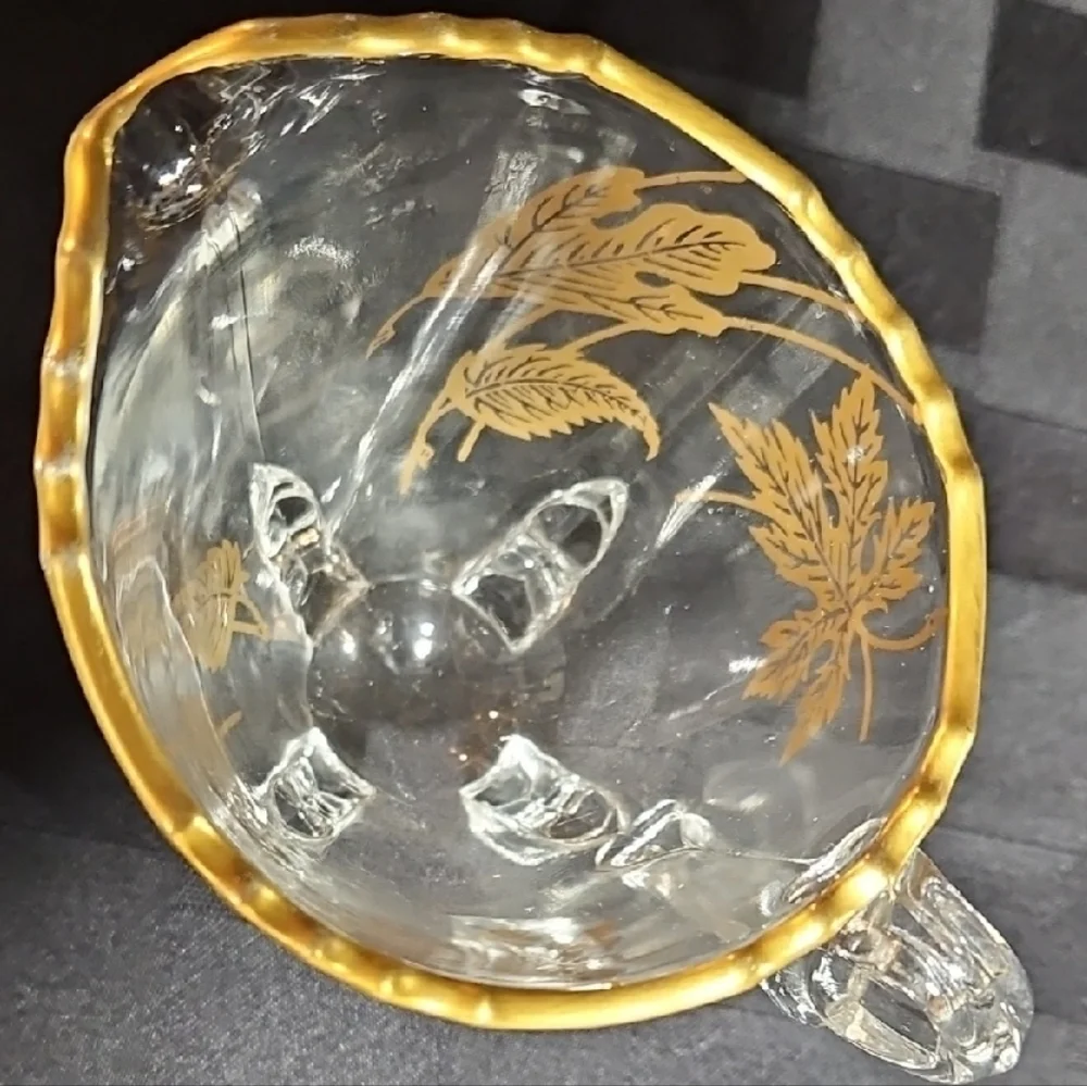 VTG Gold Overlay Rippled Rim and Leaf Motif Footed Creamer & Open Sugar